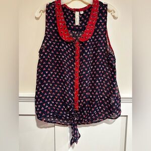 Navy, White and Red Heart Sleeveless Blouse